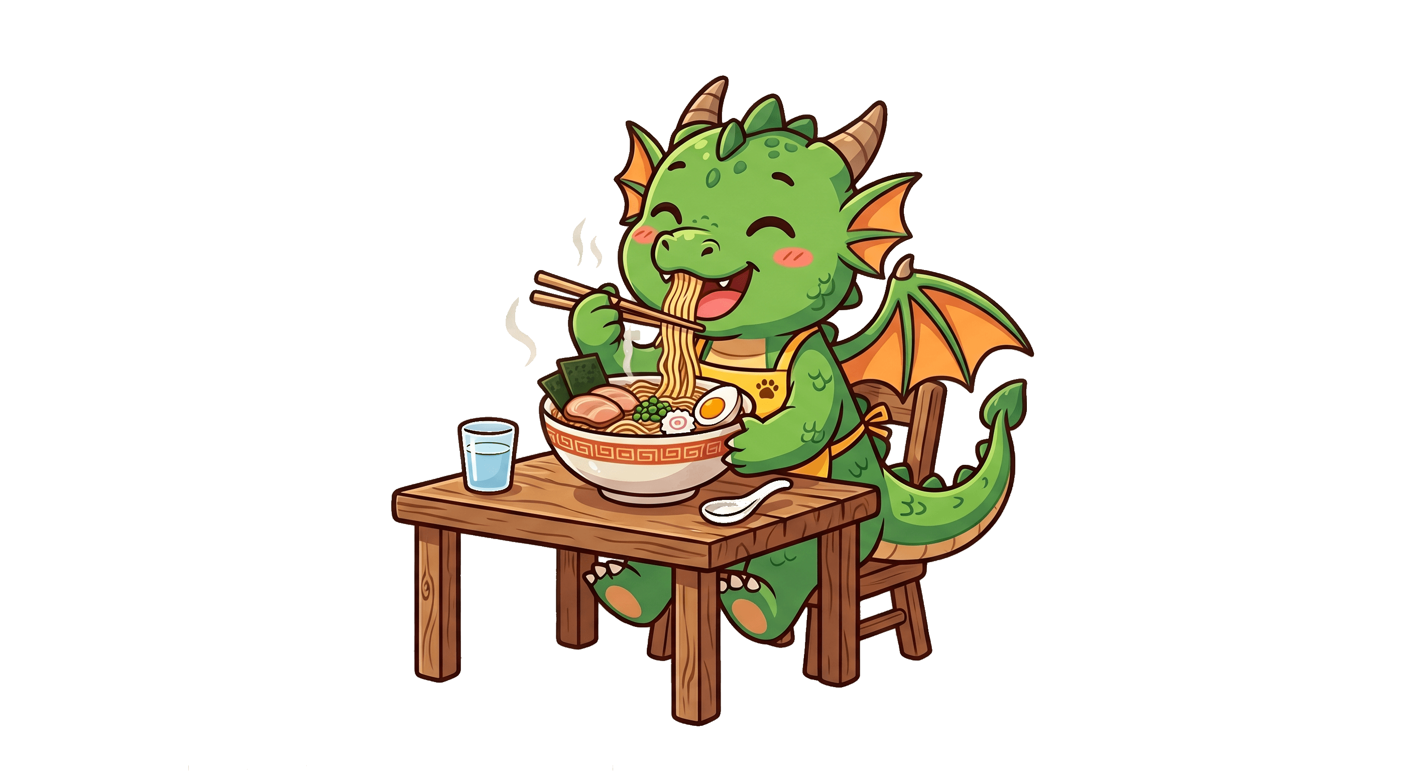 A friendly dragon enjoying a steaming bowl of ramen